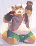 anthro belly big_belly bulge clothing hoodie humanoid_hands kemono male navel one_eye_closed overweight overweight_male solo topwear underwear seamonsterping tamacolle iyo_(tamacolle) canid canine fox mammal 2023 absurd_res hi_res