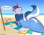 anthro beach beach_towel beach_umbrella big_butt biped blue_body blue_fur breasts butt cheek_tuft clothing cute_fangs day detailed_background dialogue discarded_clothing eyewear eyewear_on_head facial_tuft fangs female female_anthro fur looking_at_viewer looking_back looking_back_at_viewer lying nipples nude nude_anthro nude_female on_front outside parasol pose raised_tail seaside sky small_breasts small_fangs smile solo speech_bubble sunglasses sunglasses_on_head sunscreen tail talking_to_viewer teeth text three-quarter_view towel tuft bustingmangos illumination_entertainment sing_(movie) porsha_crystal canid canine canis mammal wolf artist_name cel_shading digital_drawing_(artwork) digital_media_(artwork) english_text hi_res portrait shaded three-quarter_portrait