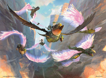 ambiguous_gender anthro beak brown_body brown_fur clothing cloud day feathered_wings feathers feral flying fur green_body group leaf_clothing outside text valley wings henry_peters hasbro magic:_the_gathering wizards_of_the_coast amphibian avian bird frog lizard mammal mouse murid murine reptile rodent scalie digital_media_(artwork) english_text official_art