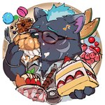 anthro blue_body blue_fur cake chibi dessert eating eyewear fire flaming_hair food fur glasses ice_cream male pseudo_hair solo waffle wattyo lifewonders live_a_hero furlong_(live_a_hero) hyena mammal 1:1 hi_res