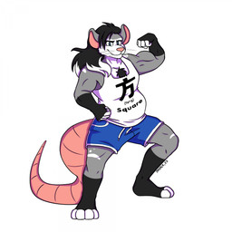 anthro body_hair bottomwear chest_hair clothing ears_up footwear grey_body looking_at_viewer looking_forward male muscular pink_tail shorts simple_background sleeveless_shirt socks solo standing tail text whiskers redjasper mammal mouse murid murine rodent 1:1 2023 hi_res