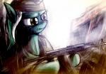 ak-47 ak_platform assault_rifle clothing female fur gradient_background green_body green_fur gun hair holding_object holding_weapon horn ranged_weapon rifle simple_background solo weapon yellow_eyes dori-to friendship_is_magic hasbro my_little_pony lyra_heartstrings_(mlp) equid equine horse mammal pony