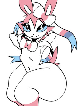 anthro anthrofied black_eyeshadow blue_sclera bow_(anatomy) eyeshadow femboy glistening_eyelids hair hands_behind_back huge_thighs makeup male male_anthro narrowed_eyes navel pink_hair pupils simple_background smile solo thick_thighs white_background white_body white_pupils xarop77 nintendo pokemon eeveelution generation_6_pokemon pokemon_(species) sylveon 2025 digital_drawing_(artwork) digital_media_(artwork) hi_res portrait three-quarter_portrait