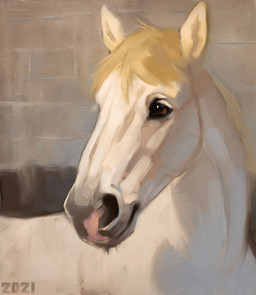 ambiguous_feral ambiguous_gender black_nose blonde_hair brick brick_wall brown_eyes feral fur hair looking_aside pink_nose solo two_tone_nose wall_(structure) white_body white_fur alexpahomov equid equine horse mammal 2021