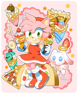 anthro biped boots border cherry clothed clothing dessert dress eyelashes female food footwear front_view fruit fur gloves green_eyes halo handwear ice_cream ice_cream_cone pink_body pink_fur plant red_clothing red_dress shoes solo strawberry white_border year tikal_love sega sonic_the_hedgehog_(series) amy_rose angel_chaos_chao chao_(sonic) chaos_chao eulipotyphlan hedgehog hero_chao mammal 2023 5:6 digital_media_(artwork) full-length_portrait hi_res portrait watermark