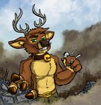 anthro antlers belt bottomwear brown_body brown_fur claws clothed clothing collar destruction finger_claws fingers fur green_eyes horn legwear macro male micro pants smile smirk smoke teeth topless topless_anthro topless_male tyrnn tirrel_(tirrel) deer mammal 2023 absurd_res digital_media_(artwork) hi_res