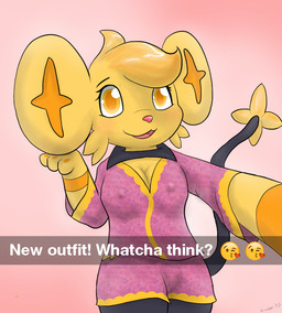 blonde_hair blush breasts camel_toe camera_view clothing female fur hair looking_at_viewer nipples paws pink_background selfie semi-anthro simple_background smile solo text yellow_body yellow_eyes yellow_fur dunewulff nintendo pokemon snapchat generation_4_pokemon pokemon_(species) shinx shiny_pokemon