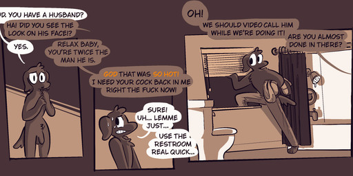 anthro balls barefoot bathroom cheating_wife climbing_through_window clothed clothing dialogue feet flaccid genitals infidelity male nude nude_anthro nude_female offscreen_female penis profanity regret shirtless_male shower speech_bubble text vanilla_candy amelia_is_calling canid canine canis domestic_dog mammal comic english_text hi_res restricted_palette