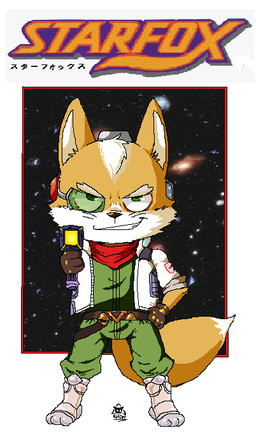 anthro belt bottomwear clothing cosmic_background gesture gloves gun hair hand_gesture hand_on_hip handwear head_tuft jacket logo looking_at_viewer male pants pointing pointing_at_viewer ranged_weapon scarf scouter smile smiling_at_viewer smirk smirking_at_viewer solo teeth text topwear tuft weapon whiskers rhonbon nintendo star_fox fox_mccloud canid canine fox mammal artist_logo artist_name digital_media_(artwork) english_text japanese_text pixel_(artwork) signature