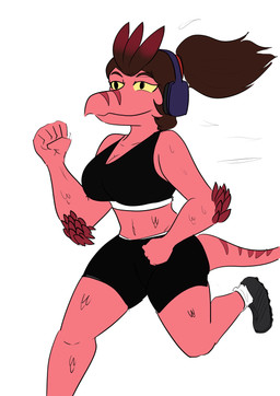 anthro big_breasts black_eyes bottomwear bra breasts brown_hair clothing curvy_figure elbow_feathers electronics exercise exercise_clothing eyelashes feathers female footwear hair headphones long_hair navel ponytail red_body red_feathers red_scales running scales shoes shorts simple_background smile sneakers snout solo sports_bra thick_thighs underwear voluptuous voluptuous_anthro voluptuous_female white_background wide_hipped_anthro wide_hipped_female wide_hips yellow_sclera arsenic_iii cavemanon_studios i_wani_hug_that_gator victoria_(iwhtg) dinosaur dromaeosaurid feathered_dinosaur feathered_scalie prehistoric_species reptile saurischian scalie theropod velociraptor 2025 digital_drawing_(artwork) digital_media_(artwork) hi_res