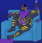 anthro black_body black_fur blue_sofa erection fur furniture genitals hemoth holding_glass holding_object holding_wine_glass male markings open_mouth open_smile penis purple_penis sitting smile sofa solo striped_body striped_fur stripes yellow_markings yellow_sclera greensadpixel bastian_b._hemoth digital_media_(artwork) hi_res pixel_(artwork)