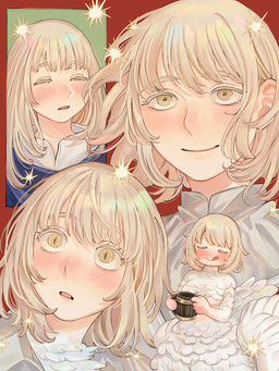 arms_bent blonde_hair blue_clothing blush border clothing container cup eyelashes eyes_closed feathered_wings feathers female flowing_hair green_background hair holding_container holding_cup holding_object licking licking_lips light_body light_skin looking_at_viewer looking_up nude open_mouth pupils quadruped red_background simple_background slit_pupils smile solo star straight_hair surprised thick_eyelashes tongue tongue_out white_body white_clothing white_feathers wings yellow_eyes sasakura34 delicious_in_dungeon european_mythology mythology falin_touden human humanoid_taur mammal taur 2025 bust_portrait hi_res multiple_images portrait shaded soft_shading