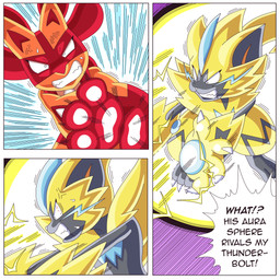 ambiguous_gender angry anthro blue_body blue_eyes blue_fur dialogue duo fur open_mouth tail text yellow_body yellow_fur ragster_(artist) nintendo pokemon canid canine felid generation_4_pokemon generation_7_pokemon legendary_pokemon lucario mammal pokemon_(species) zeraora 1:1 comic digital_media_(artwork) english_text hi_res