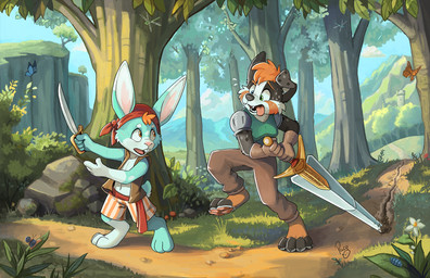 anthro black_body black_fur blue_body blue_eyes blue_fur blue_sky cheek_tuft clothed clothing day duo facial_markings facial_tuft fangs floppy_ears fur glistening glistening_eyes grass green_eyes hair head_markings heterochromia holding_melee_weapon holding_object holding_sword holding_weapon logo male male_anthro markings melee_weapon mountain open_mouth orange_eyes orange_hair outside plant rock short_hair shrub sky sword teeth tree tuft weapon white_body white_fur young young_anthro young_male pandapaco juno_clark kai_(kaibun) ambient_arthropod ambient_butterfly ambient_insect canid canine lagomorph leporid mammal rabbit artist_logo hi_res signature