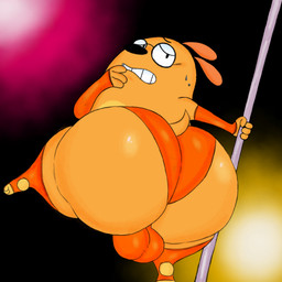 anthro balls big_butt black_nose bodily_fluids bubble_butt butt butt_focus clothing eyewear genitals glasses glistening glistening_butt hand_on_pole looking_at_viewer looking_back looking_back_at_viewer male narrowed_eyes orange_clothing orange_panties orange_underwear panties pole rear_view shortstack shortstack_male solo standing stripper_pole sweat sweatdrop tail thick_thighs underwear wearing_glasses yellow_body yellow_tail filthyopossum fetch!_with_ruff_ruffman pbs ruff_ruffman canid canine canis domestic_dog mammal 1:1 2020 digital_drawing_(artwork) digital_media_(artwork) hi_res