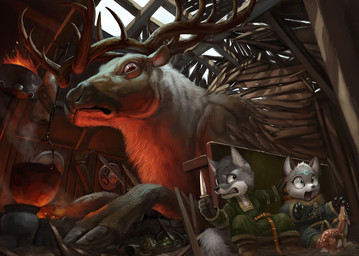anthro antlers arrow_(weapon) belt bite brazier cauldron clenched_teeth clothing cloven_hooves dagger danger domestic_pet fantasy female group hiding hooves horn lair low-angle_view macro magic_user male melee_weapon peril quiver_(object) ranged_weapon robe scared shield size_difference smaller_female smaller_male teeth thief weapon young young_anthro silverfox5213 canid canine deer fox mammal monster new_world_deer reindeer