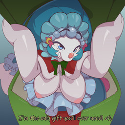 anthro areola big_breasts blue_body blue_eyes blue_hair breasts christmas_gift christmas_present dialogue female gift hair heart_symbol holding_object looking_at_viewer red_nose ribbons shawl shawl_only smile solo text white_body juzztie nintendo pokemon fan_character luna_(roflfox) generation_7_pokemon pokemon_(species) primarina 1:1 2025 digital_media_(artwork) english_text hi_res