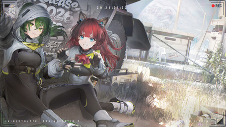 blue_eyes breasts car chair clothing electronics fangs female fingerless_gloves footwear furniture gloves green_eyes green_hair gun hair handwear hood jacket long_hair medium_breasts radio ranged_weapon recording red_hair shoes sitting smile tail teeth text topwear vehicle weapon white_clothing white_footwear white_shoes irvinetope arknights arknights:_endfield hypergryph studio_montagne akekuri_(arknights) fluorite_(arknights) animal_humanoid canid canid_humanoid canine canine_humanoid dog_humanoid humanoid mammal mammal_humanoid reptile reptile_humanoid scalie scalie_humanoid snake_humanoid 16:9 absurd_res english_text hi_res widescreen