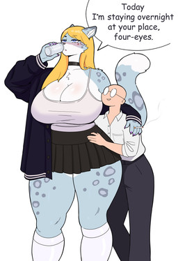 anthro biped blonde_hair bottomwear breasts clothed clothing dialogue eyewear female glasses hair human_on_anthro interspecies larger_female male miniskirt pants shirt size_difference skirt smaller_human smaller_male speech_bubble text thick_thighs topwear kinhey felid human mammal pantherine snow_leopard absurd_res english_text hi_res