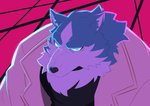 anthro black_nose blue_body blue_eyes blue_fur clothed clothing collar fur jacket male multicolored_body multicolored_fur solo topwear two_tone_body two_tone_fur white_body white_fur ixkouu brand_new_animal studio_trigger shirou_ogami canid canine canis mammal wolf 2020