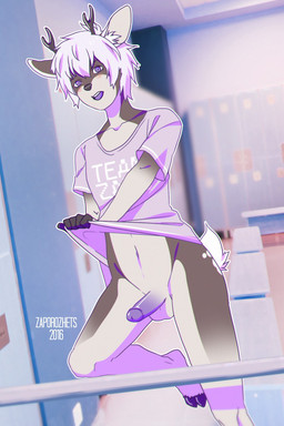 5_fingers anthro antlers balls biped black_nose blush bottomless brown_body brown_fur clothed clothing erection eyebrows femboy fingers fur genitals hair hooves horn humanoid_genitalia humanoid_penis inside locker locker_room looking_at_viewer male navel open_mouth penis pink_hair purple_eyes shirt short_hair solo standing tail topwear white_body white_fur white_tail zaporozhets deer mammal digital_media_(artwork) hi_res