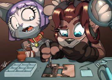 anthro cellphone circuitry clothing collar duo electronics eyelashes eyewear eyewear_on_head fangs female fingerless_gloves fixing fluffy_ears gloves goggles goggles_on_head hair handwear magnifying_glass mate_(beverage) phone red_hair repairing screwdriver technician technology teeth tools turkojar isa_sturmi deer domestic_cat felid feline felis mammal
