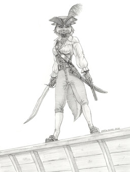 anthro breasts cleavage clothed clothed_female clothing female footwear fur gun handgun hat headgear headwear melee_weapon pistol ranged_weapon shoes solo sword tricorne weapon baron_engel canid canine fox mammal 2026 greyscale hi_res monochrome