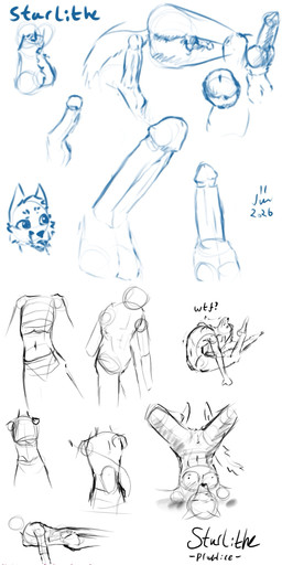 animal_genitalia anthro blush butt clothed clothing disembodied_butt disembodied_penis electronics female genitals group hair holding_object holding_phone humanoid_genitalia knot knotted_penis long_hair looking_at_viewer male partially_clothed penis phone presenting presenting_hindquarters presenting_vulva sheath stretching vulva starlithe canid canine fox mammal absurd_res hi_res sketch_page