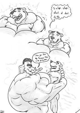 abs anthro arm_hair back_muscles big_muscles body_hair chest_hair dialogue duo hairy huge_muscles hyper hyper_muscles male mohawk muscular muscular_anthro muscular_male proboscis_(anatomy) shrinking size_transformation talking_to_another text tight_hug transformation trunk_(anatomy) tusks uniparasite xythan_(character) bear elephant elephantid mammal proboscidean comic english_text hi_res monochrome