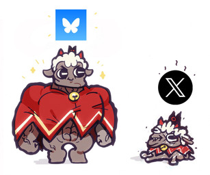 abs adam's_apple anthro bell bluesky_logo cloak cloak_only clothing comparison crown grey_body hair headgear horn jingle_bell male male_anthro muscular muscular_anthro muscular_male propaganda simple_background sitting size_difference smelly smile sparkles standing veiny_arms white_background white_hair x_logo unknown_artist bluesky_(social_media) chad_(meme) cult_of_the_lamb massive_monster_(studio) x_(social_media) lamb_(cult_of_the_lamb) red_crown_(cult_of_the_lamb) bovid caprine mammal sheep 2025 digital_media_(artwork) hi_res meme official_art shaded
