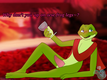 alcohol anthro beverage blue_eyes container countershade_torso countershading cup drinking_glass drunk erection french_accent genitals glass glass_container glass_cup green_body male mostly_nude nude penis photographic_background pink_penis reclining scarf scarf_only solo substance_intoxication tapering_penis text wine wine_glass thewinterstorms freddie_the_frog amphibian frog english_text