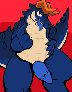 anthro belly blue_body blue_penis blue_scales blue_tongue erection forked_tongue genitals horn inviting male multicolored_body multicolored_scales nude overweight overweight_anthro overweight_male penile_spines penis red_eyes scales solo tan_body tan_scales tongue tongue_out two_tone_body two_tone_scales trout_(artist) trout_(character) alligator alligatorid crocodilian reptile scalie aliasing digital_media_(artwork) hi_res