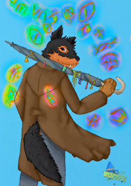 anthro black_body black_fur bottomwear brown_body brown_fur clothed clothing coat fangs fur looking_at_viewer looking_back magic magic_user male multicolored_body multicolored_fur notched_ear orange_body orange_fur pants pink_eyes rear_view simple_background smile solo tail teeth topwear umbrella unusual_weapon weapon wispypie mythology warren_crawford canid canine mammal mythological_canine mythological_creature vampire werecanid werecanine werecreature werewolf absurd_res hi_res