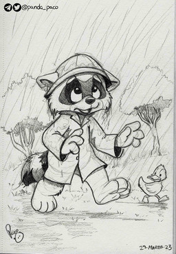 ambiguous_feral ambiguous_gender anthro barefoot clothed clothing coat duo feathered_wings feathers feet feral front_view fur hat headgear headwear logo looking_up male male_anthro open_mouth outside plant raincoat raining side_view topwear tree walking wet wet_body wet_fur wings young young_anthro young_male pandapaco anatid anseriform avian bird duck mammal procyonid raccoon 2023 artist_logo dated hi_res signature