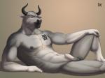 abs animal_genitalia anthro balls biceps blue_eyes fully_sheathed fur genitals grey_body grey_fur grey_nipples hand_on_knee hand_on_leg horn looking_at_viewer male muscular muscular_anthro muscular_male navel nipples nude pecs pose reclining sheath simple_background solo tan_background tattoo rov apis_(tylerqj) bovid bovine cattle mammal 2016 4:3 digital_media_(artwork) pinup signature