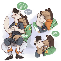 anthro anthro_on_anthro blush bottomwear brown_body brown_fur brown_hair bulge clothed clothing cloudco dialogue duo embarrassed eyes_closed facial_hair footwear fully_clothed fur hair holding_object holding_tool hug jacket kissing male male/male mechanic multiple_positions on_lap open_mouth pants shoes sideburns simple_background sitting_on_lap sleeping speech_bubble surprised sweater text tools topwear uniform white_background white_body white_fur wide_eyed wrench glitter_trap_boy buddy_thunderstruck_(series) buddy_thunderstruck_(character) darnell_(buddy_thunderstruck) canid canine canis domestic_dog domestic_ferret mammal mustelid musteline true_musteline weasel english_text