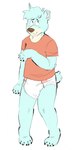 anthro blue_body blue_fur brown_nose claws clean_diaper clothed clothing diaper finger_claws fur male red_clothing red_shirt red_topwear shirt shy simple_background solo standing tan_body tan_fur toe_claws topwear wearing_diaper white_background slusheep bear mammal 2018 hi_res