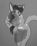 anthro blush breasts female folding_fan fur hair hand_fan navel nude pupils slit_pupils solo translucent remarkably_average dreamkeepers lilith_calah domestic_cat felid feline felis mammal greyscale hi_res monochrome