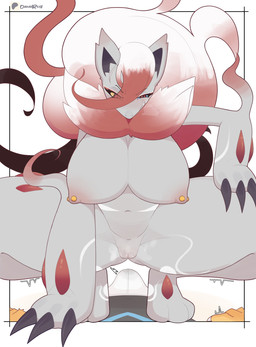 anthro barbell_piercing big_breasts blush blush_lines breasts bulge claws crouching duo eyelashes female female_focus first_person_view front_view fur genitals grey_body grey_fur hair hair_over_eye huge_breasts long_eyelashes long_hair male male/female male_pov nipple_barbell nipple_piercing nipples piercing red_eyes red_hair spread_legs spreading thick_thighs vulva white_hair 1danielscott nintendo pokemon canid generation_8_pokemon hisuian_form hisuian_zoroark mammal pokemon_(species) regional_form_(pokemon) absurd_res hi_res