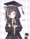 braided_hair crossed_arms female gown graduation_cap green_eyes hair necktie one_eye_closed pigtails pointer smile wink mauve_(artist) cygames princess_connect! princess_connect!_re:dive karyl_(princess_connect!) animal_humanoid cat_humanoid felid felid_humanoid feline feline_humanoid humanoid mammal mammal_humanoid 2023