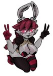 anthro big_breasts blush breasts clothed clothing female footwear gesture gloves glowing glowing_eyes hand_gesture handwear pink_eyes shoes solo v_sign stormkinght in_heat_(game) poppi_(in_heat) lagomorph leporid mammal rabbit hi_res