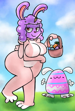 anthro blue_sky bunny_costume carrot clothing colored_egg costume duo easter_egg egg female food grass hair holidays onesie outside pink_clothing plant purple_hair red_eyes sky smile vegetable white_sclera spicyredacted easter bunnita_(spicysierra) easter_bunny goo_creature lagomorph leporid mammal rabbit hi_res