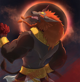 anthro back_muscles black_nose claws eclipse fur grey_body grey_fur male muscular muscular_anthro muscular_male solo naga_rajaf canid mammal unknown_species 2025 character_request hi_res tagme