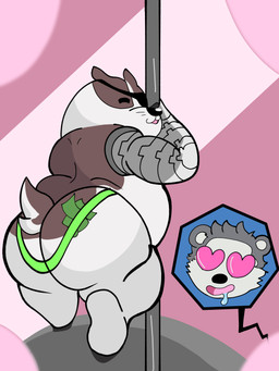 anthro belly butt clothing cybernetics dancing eye_patch eyewear heart_eyes heart_symbol machine male overweight overweight_male pole strip_club stripper stripper_pole thong underwear coccui cartoon_network mao_mao:_heroes_of_pure_heart badgerclops badger cyborg mammal mustelid musteline 3:4 absurd_res hi_res