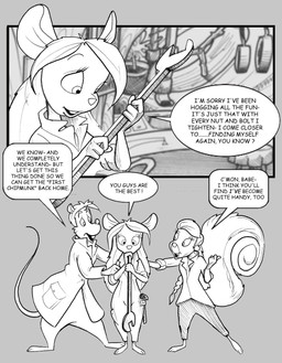anthro barefoot buckteeth clothing coat curvy_figure dialogue feet female fluffy fluffy_tail group hair hammer hourglass_figure jumpsuit lab_coat long_hair male tail teeth text tools topwear wrench chris_fischer chip_'n_dale_rescue_rangers disney gadget_hackwrench sparky_(cdrr) tammy_squirrel mammal mouse murid murine rodent sciurid tree_squirrel english_text hi_res