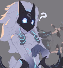 ambiguous_gender bite blue_sclera bow_(weapon) feral fur glowing glowing_eyes grey_background group holding_object holding_weapon mask question_mark ranged_weapon simple_background solo solo_focus tail weapon white_body white_eyes white_fur cheapdraw league_of_legends riot_games tencent kindred_(lol) lamb_(lol) wolf_(lol) bovid canid canine canis caprine human mammal sheep wolf absurd_res character_request hi_res