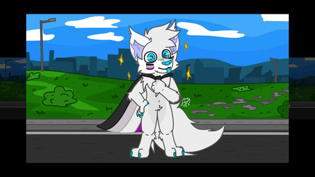 anthro armor asexual_pride_colors blue_eyes grass lgbt_pride male nexazenix outside plant pride_colors shrub solo sparkles standing street_lamp nyale0102 canid canine fox mammal animated hi_res short_playtime video