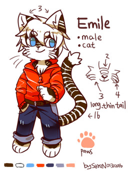 anthro black_body black_fur black_nose black_tail blue_bottomwear blue_clothing blue_eyes blue_pants bottomwear cheek_tuft chest_tuft chibi clothed clothing color_swatch facial_tuft front_view fur hair jacket looking_aside male markings no_pupils pants red_clothing red_jacket red_topwear short_hair simple_background solo standing striped_markings striped_tail stripes tail tail_markings text topwear tuft white_background white_body white_fur white_hair white_tail asnnonaka emile_(asnnonaka) domestic_cat felid feline felis mammal 2016 3:4 dated english_text full-length_portrait model_sheet portrait signature