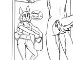anthro butt clothed clothed/nude clothed_female_nude_male clothing deer dialogue duo english_text female fully_clothed hair lagomorph leporid long_hair male male/female mammal midriff monochrome nude rabbit red_(topazknight) speech_bubble text topazknight uber_eats