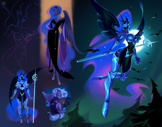 anthro armor black_body black_clothing black_dress black_fur blue_hair breasts clothed clothing cosmic_hair dress ethereal_hair feathered_wings feathers female floating fur gauntlets glistening glistening_body gloves hair handwear holding_object holding_weapon hooves horn medium_breasts moon multiple_poses plant pose purple_body purple_fur simple_background skimpy slim small_waist solo tree unconvincing_armor weapon wings young holivi friendship_is_magic hasbro my_little_pony nightmare_moon_(mlp) princess_luna_(mlp) ambient_bat equid equine horse mammal pony 2025 hi_res